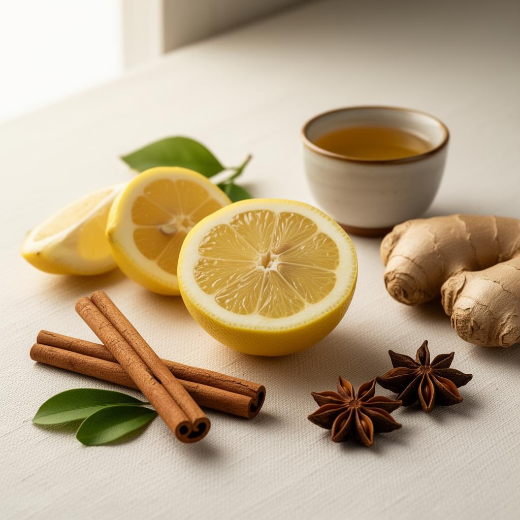 Ingredientes naturais — limão, gengibre, canela e especiarias do Protocolo MonMon Caseiro